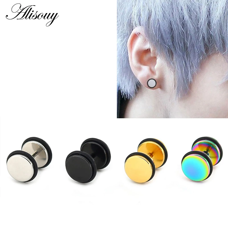 Alisouy 2Pc Stainless Steel Fake Ear Plugs Screw Round Barbell Earring With O rings Ear Expander Earrings Body Jewelry Men Women