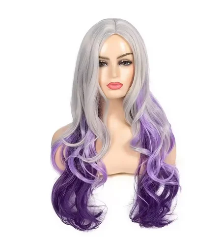 Synthetic Hair Long Curly Wavy Silver Grey to Purple Wig Side Part Cosplay Wigs for Women Halloween Wig