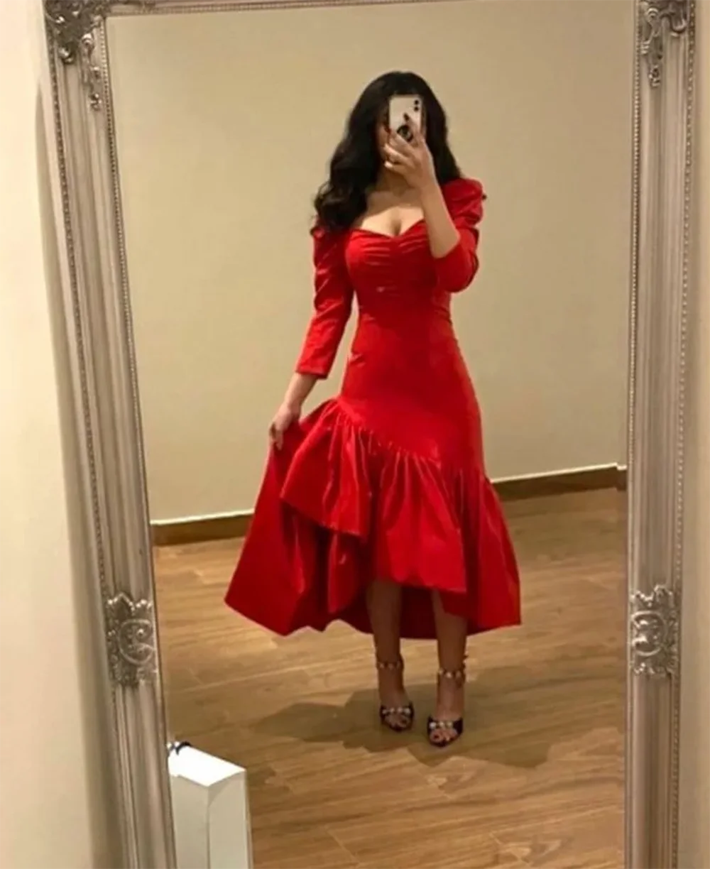 Vermelho cetim arábia saudita vestidos de baile 3/4 mangas sereia vestidos de noite chá-comprimento feminino formal vestido de festa de casamento