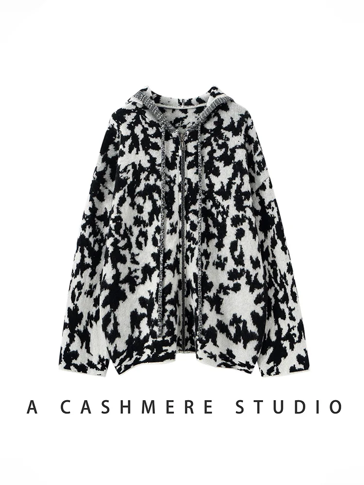 عالية الجودة جديد إمرأة 100% سترة الكشمير المعنقة الأزرق والأبيض الخزف مقنعين سستة سترة الخريف الشتاء لينة سميكة رداء علوي غير رسمي