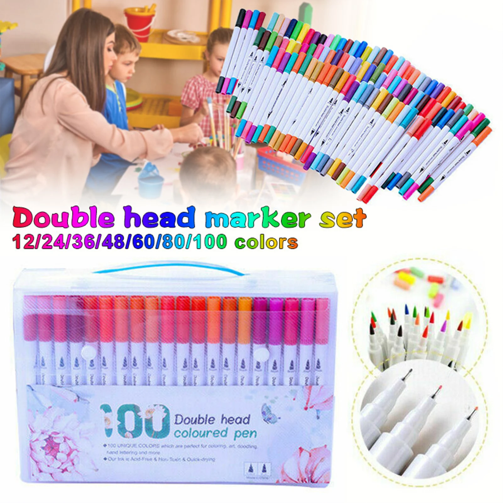 Double Ended Marker Pen Fine & Bold Writing and Coloring Tips Pen for Sketching Drawing or Lettering