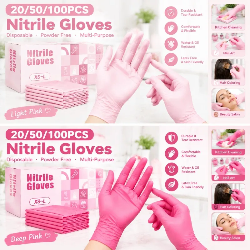 20/50/100PCS Pink Nitrile Gloves Disposable Powder Free Gloves for Cleaning Kitchen Hair Dye Nail Salon Beauty Home Use