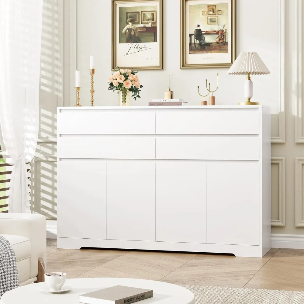 

White Buffet Cabinet with Storage,Storage Cabinet w/ 4 Drawers and 4 Doors,Wood Coffee Bar Cabinet Buffet Table Console Cabinets