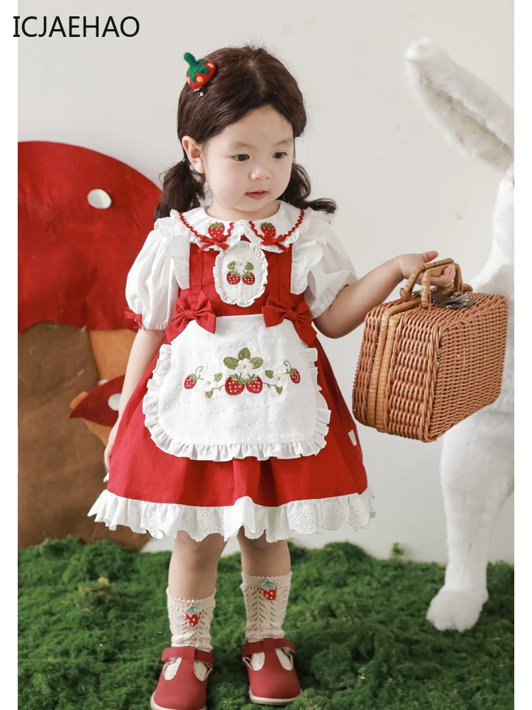 ICJAEHAO Kids Girl Lolita Strawberry Embroidery Dresses  Spanish Princess Elegant Parties Infant Easter Holiday Gowns Matching