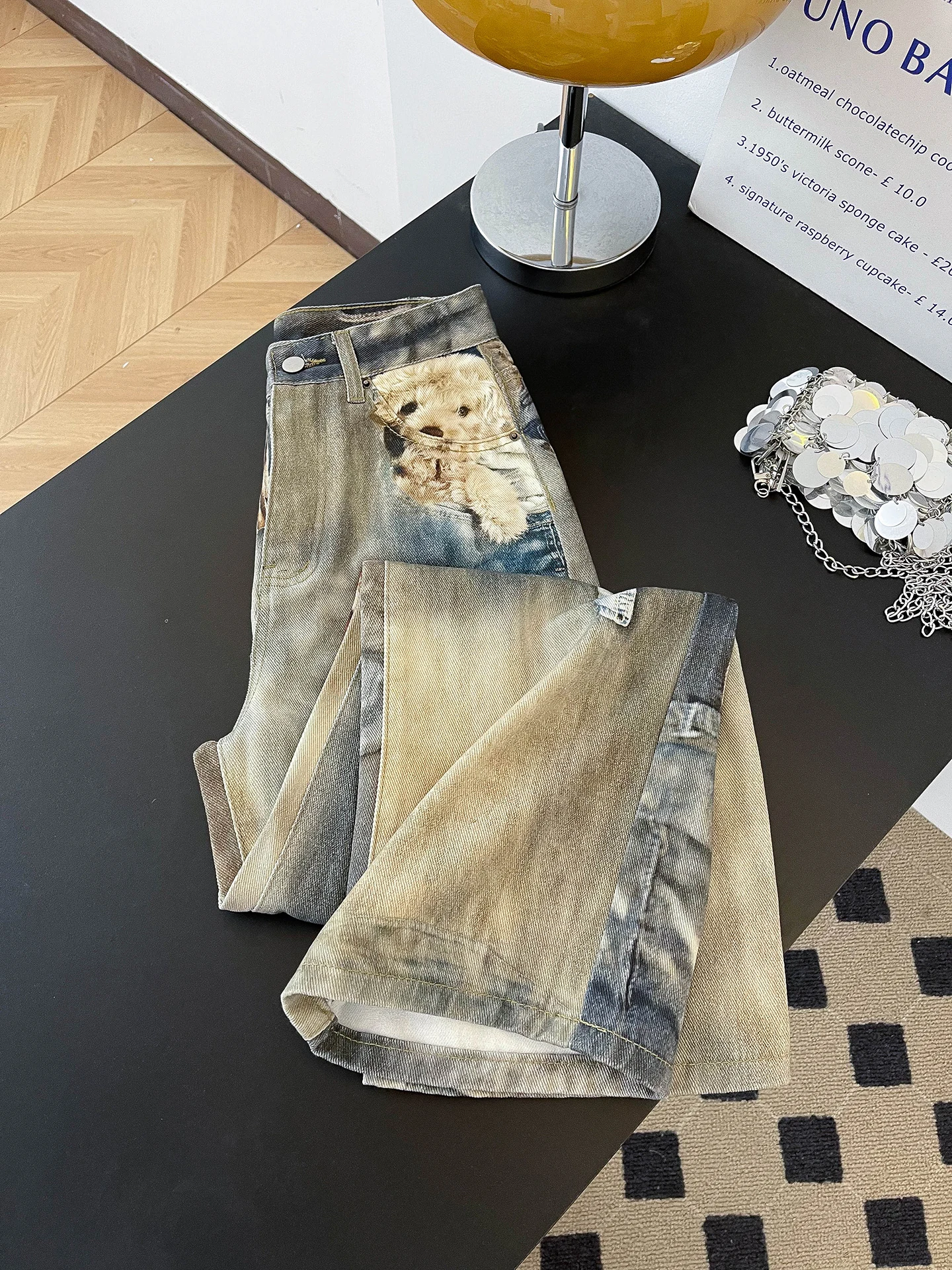 

Retro American Bear Print Wide Leg Denim Jeans High Waist Loose Fit Spring New Sle Faded Waed Women's Casual Trousers