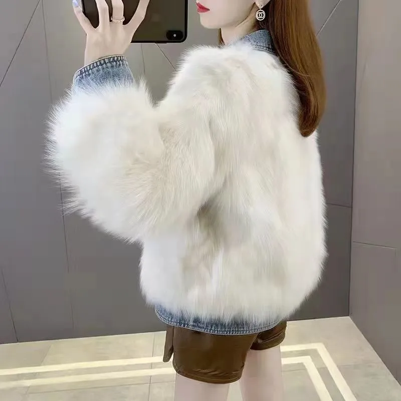 Chic Women Faux Mink Fur Denim Spliced Coat Faux Fox Fur Thickened Jean Jacket Flocking Cardigan Furry Bomber Fluffy Parka Tops