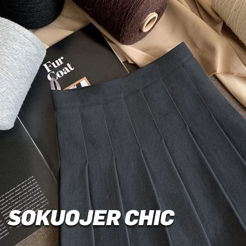 Women High Waist Woolen Pleated Skirt Solid Color A Line Mini Skirt Thick Warm Short Skirt Elegant Casual Autumn Winter Bottoms