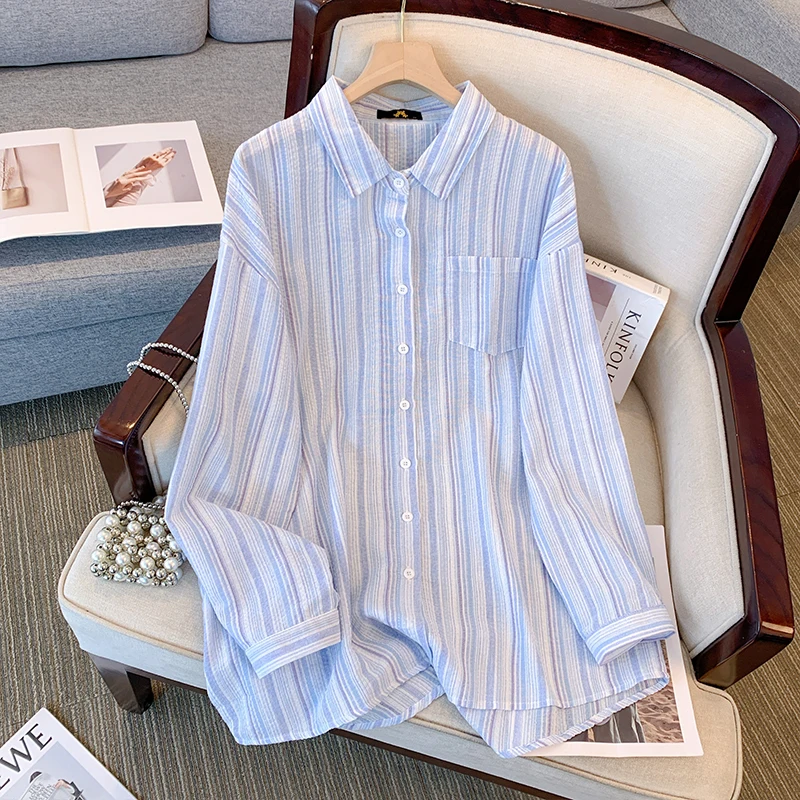 Plus Size women's spring casual commuter shirt terylene cotton fabric striped top medium long pocket top comfortable breathable