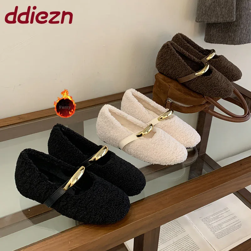 

New In Fashion Fluffy Mary Janes For Women Winter Shoes Female Slip On Footwear Metal Ladies Flats With Plush Warm Shoes