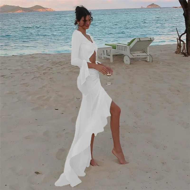 Nibber maille Robe concise femmes classique vacances Style à manches longues découpé froncé Robe asymétrique femme tenue élégante