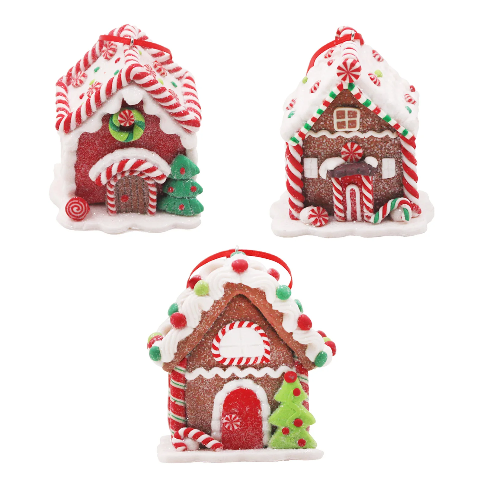 

3Pcs Christmas Gingerbread Hanging Ornaments Polymer Clay Miniature Houses Xmas Tree Decoration Party Supplies Holiday
