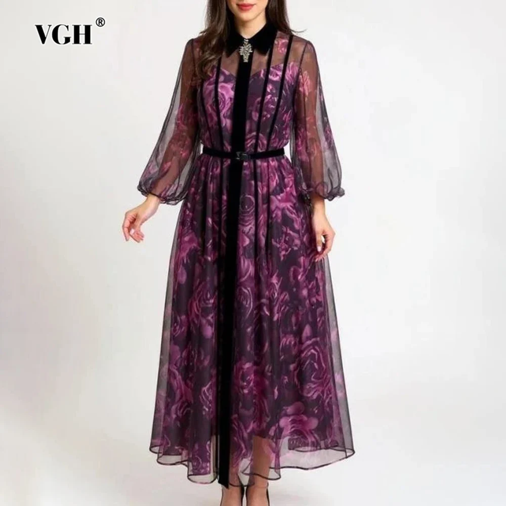 VGH – robe longue Vintage à imprimé Floral pour femmes, manches lanternes à revers, taille haute, Patchwork, maille transparente, nouvelle tendance