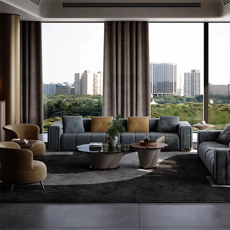 &Home Luxury Italian Modern Design Furniture Sofa Set Luxury Sectional Couch 3 Seater High Quality Large Leather Wooden Case