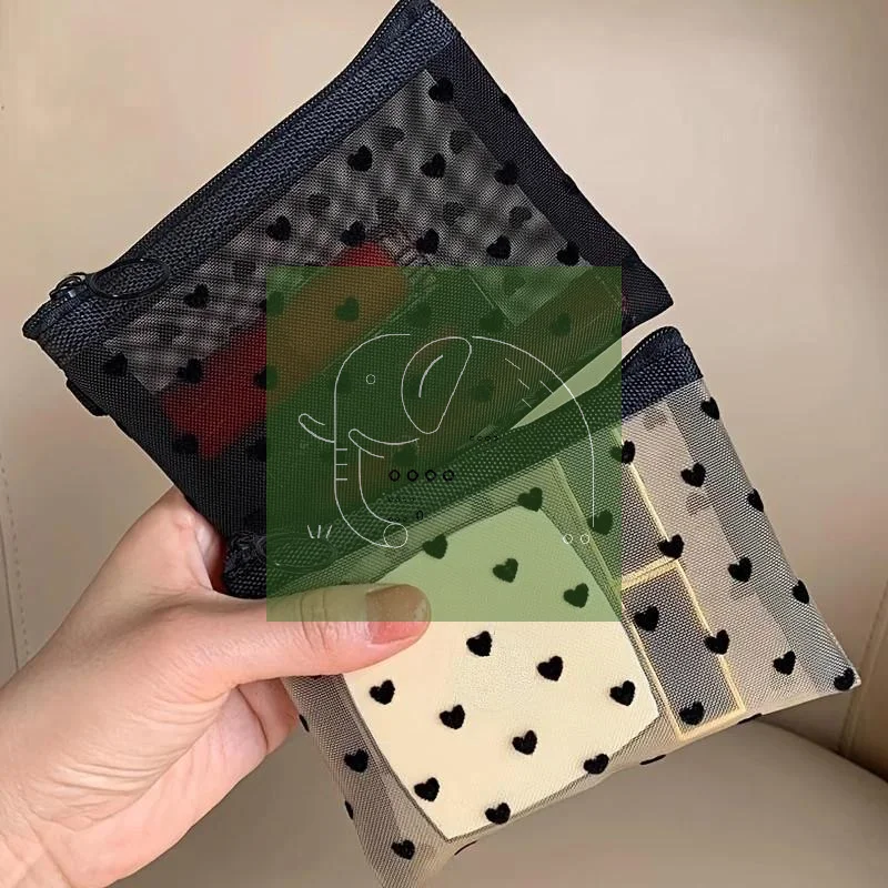 Transparent Mesh Makeup Bag with Cute Black Heart Design Smooth Zipper Lightweight Toiletry Bag for School Girls Use