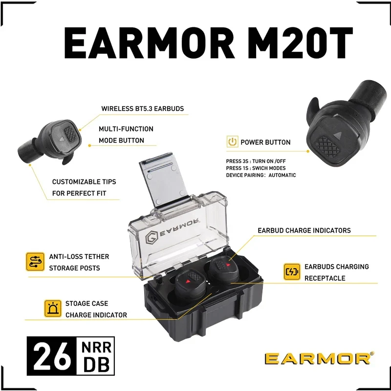 M20T New Bluetooth 5.3 Earplugs Hunting Shooting Electronic Earplugs Headset Anti Noise Ear Plug Noise Canceling NRR26db