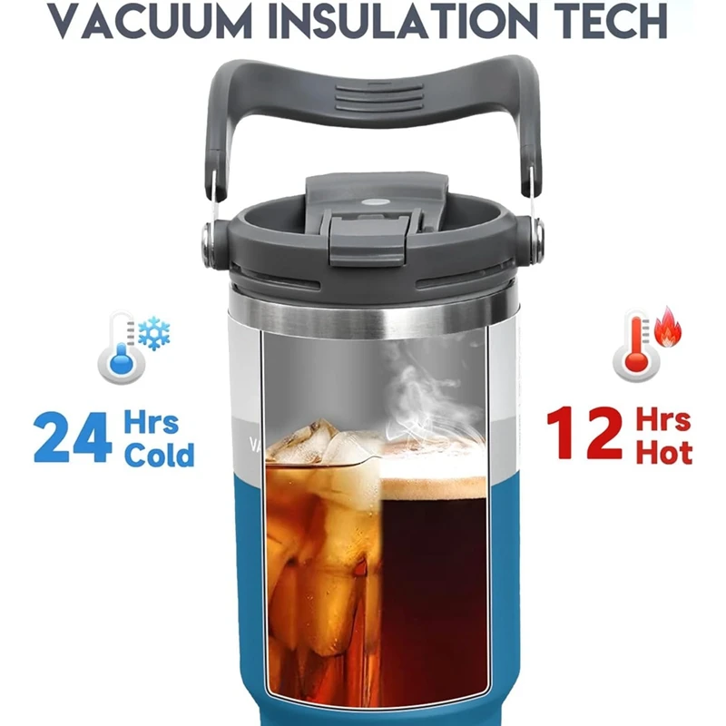 زجاجة معزولة بالتفريغ بمقبض وقش قلاب ، فولاذ مقاوم للصدأ ، كوب قهوة للسفر ، مانع للتسرب ، جدار مزدوج ، 30 أونصة