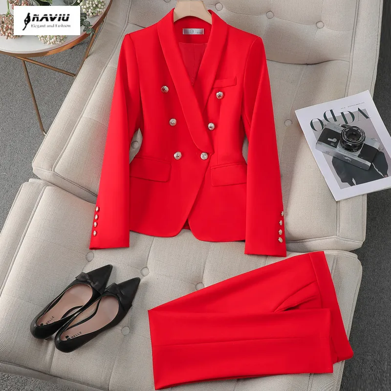 NAVIU Female Uniform Business Suits With Pants Elegant Office Blazer Set For Women Work Wear Pants Suit Claret Red Green Black