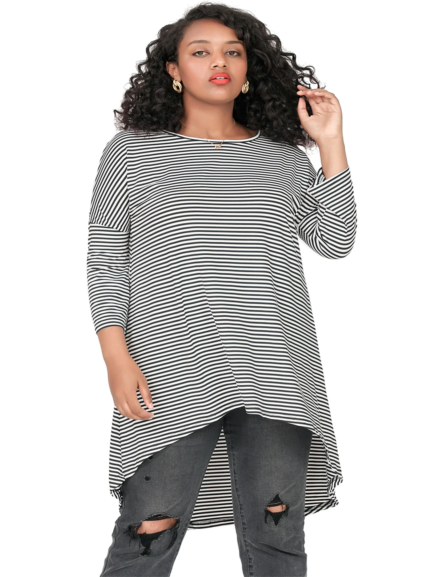 Blusa de manga comprida alta baixa para mulheres, tops listrados preto e branco, camiseta plus size, túnica casual grande, solta, 7XL, 8XL