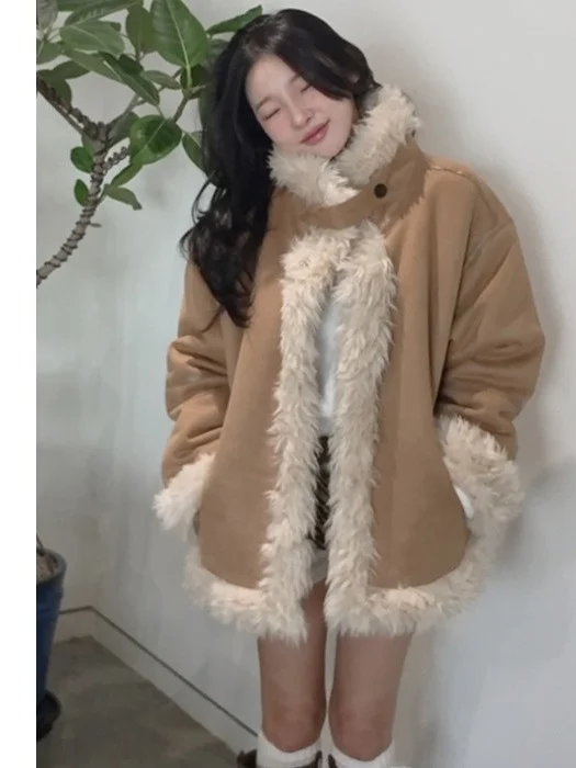 معطف نسائي أنيق من ort للدفء وياقة واقفة وصديق للبيئة وجميل للغاية ملابس خارجية شتوية من الفرو الفاخر