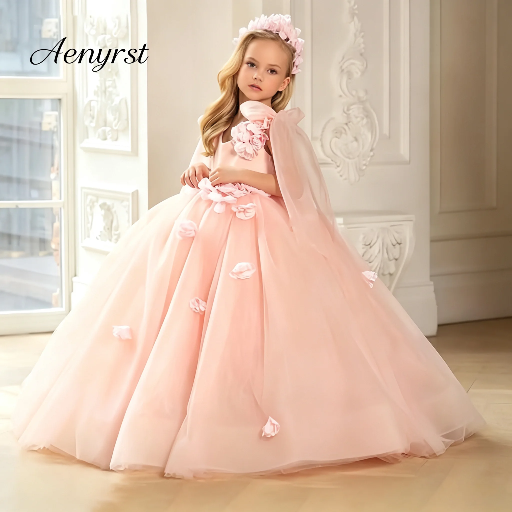 Dreamy 3D Floral Sheer Cape Bow Flower Girl Gown V‑Neck Voluminous Tulle Floor‑Length Skirt For Kids Wedding Occasions