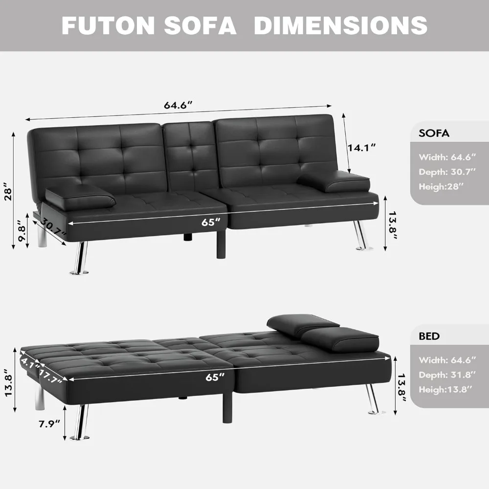 Faux Leather Upholstered Modern Convertible Folding Futon Sofa Bed with Removable Armrests, Adjustable Recliner Couch Bed