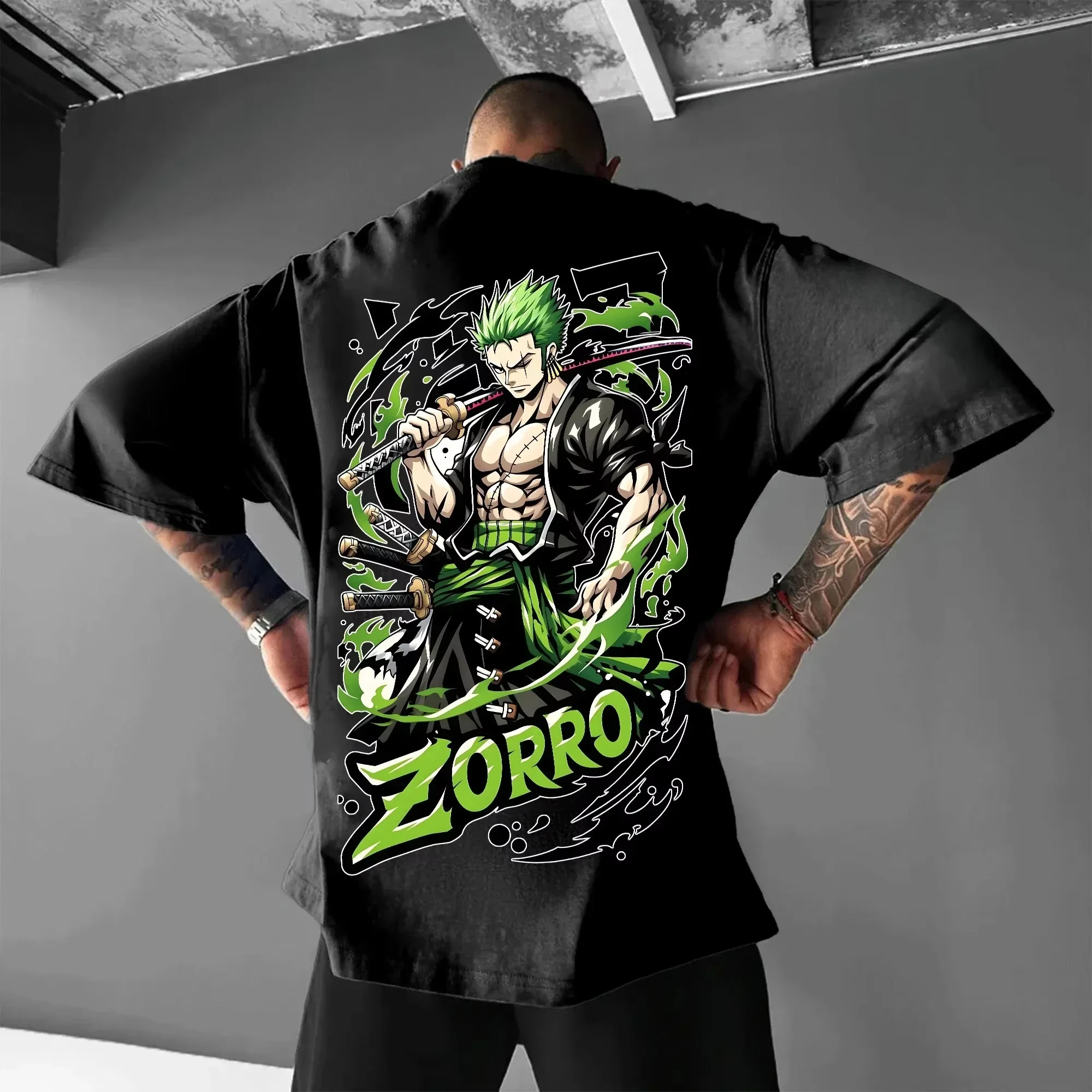 ONE PIECE Productos periféricos Zoro Impresión de gran tamaño Ropa de calle para hombres Camiseta Verano Casual Algodón Transpirable Casual Tops