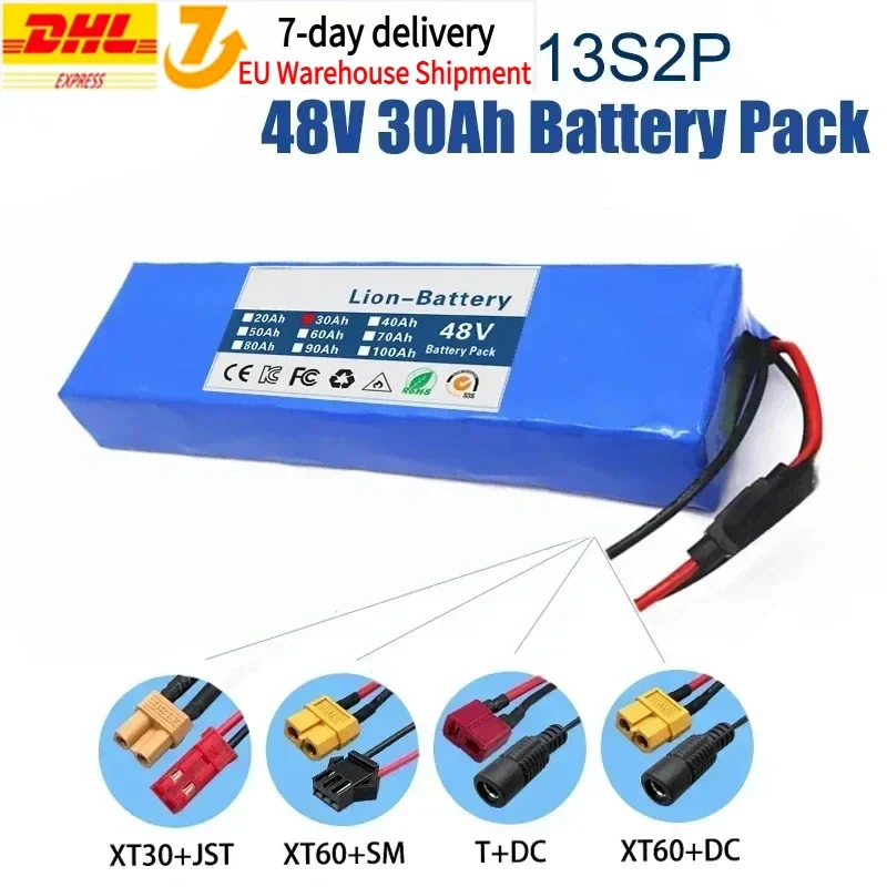 48V 30Ah 18650 Lithium Battery Pack 13S2P 1000W High Power Battery 54.6V 30000mAh   BMS + Fuse