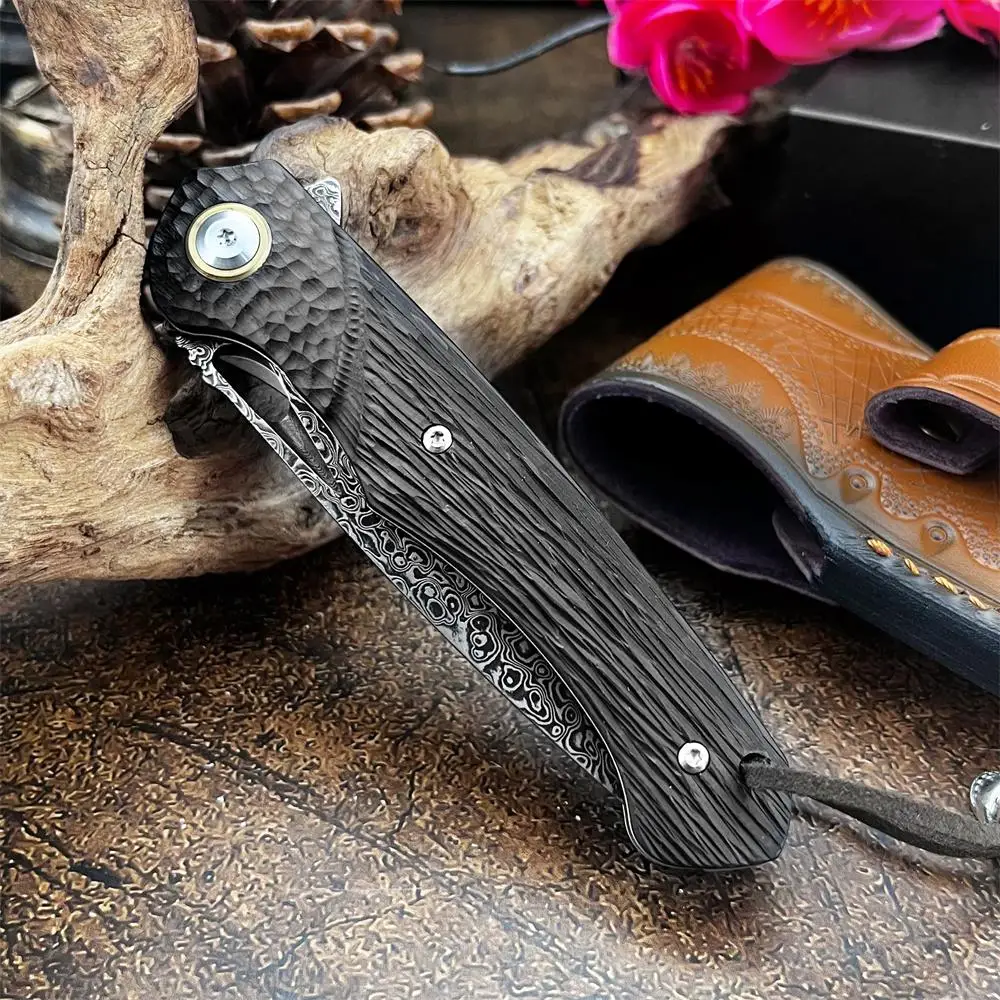 EDC جيب سكين للفرد دمشق الصلب مع مقبض خشب الجوز الأسود وغمد الجلود في الهواء الطلق التخييم المشي لمسافات طويلة سكينة تكتيكية #5