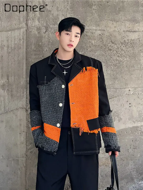 

Мужской шерстяной пиджак в корейском стиле, с цветными вставками, в стиле пэчворк, для уличного стиля, высококачественный, свободный, повседневный, мужская одежда