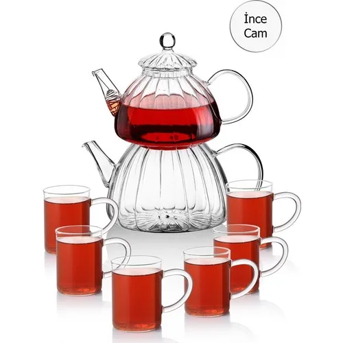 Queen's Kitchen Borasilikat Glass Teapot And 6 Pcs Mug Cup Pad