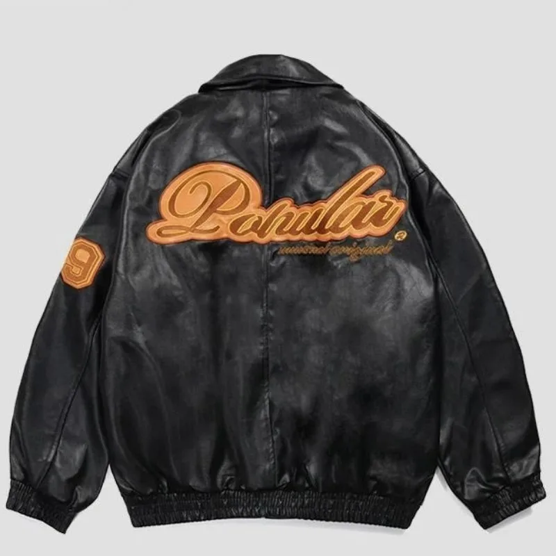 

Retro Racing PU Leather Jacket Men and Women Letter Printing Lapel Motorcycle Jackets Women Y2k Japanese Streetwear Unisex New