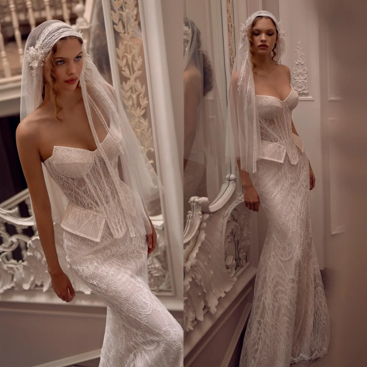 Vintage White Sheer Lace Mermaid Dress with Corset Bodice Peplum Flap Detail Bridal Gown Vestido de Noiva Customized D261757