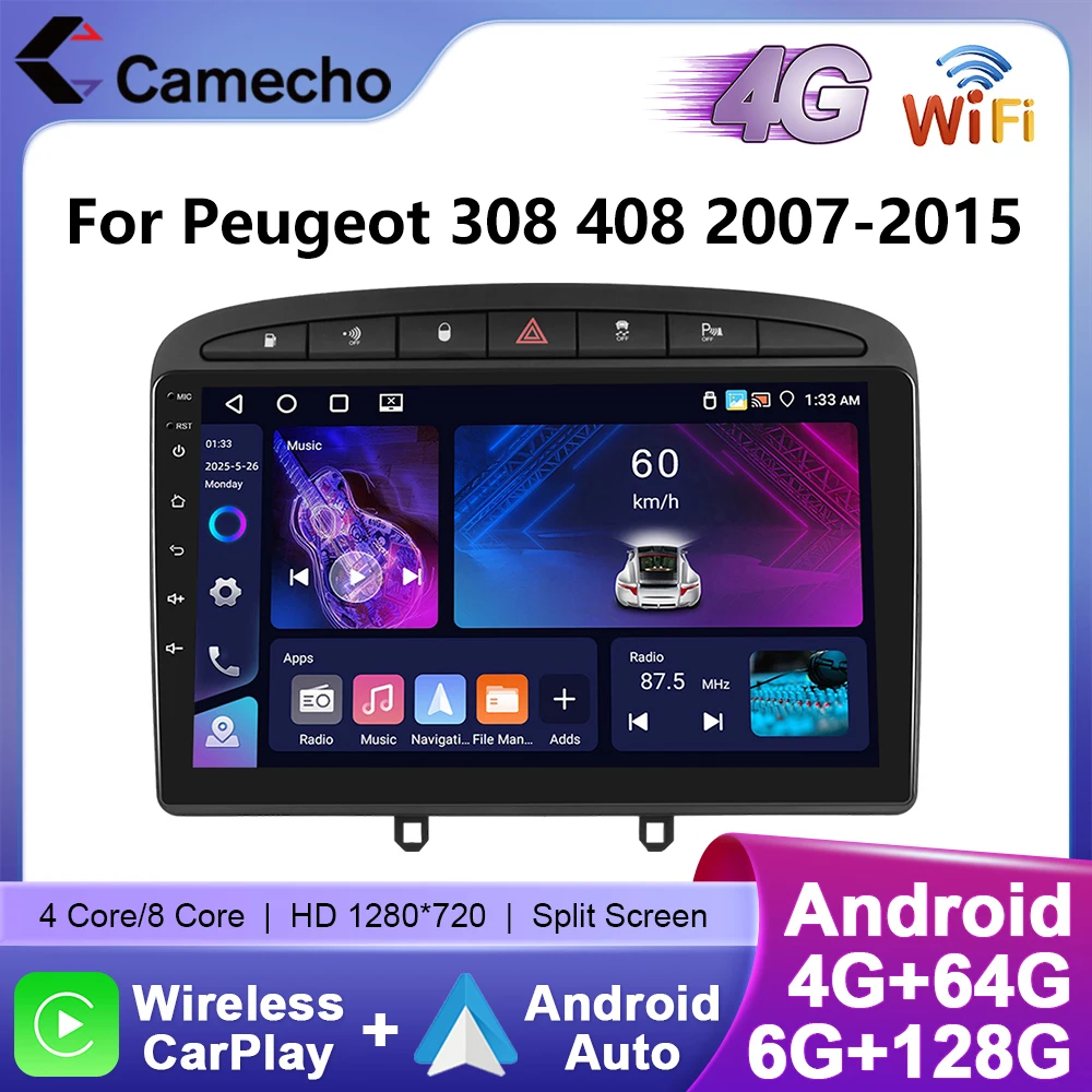 Camecho 6 + 128G sans fil CarPlay Android Auto autoradio pour Peugeot 308 408 2007 2008-2015 GPS stéréo 4G WIFI lecteur multimédia