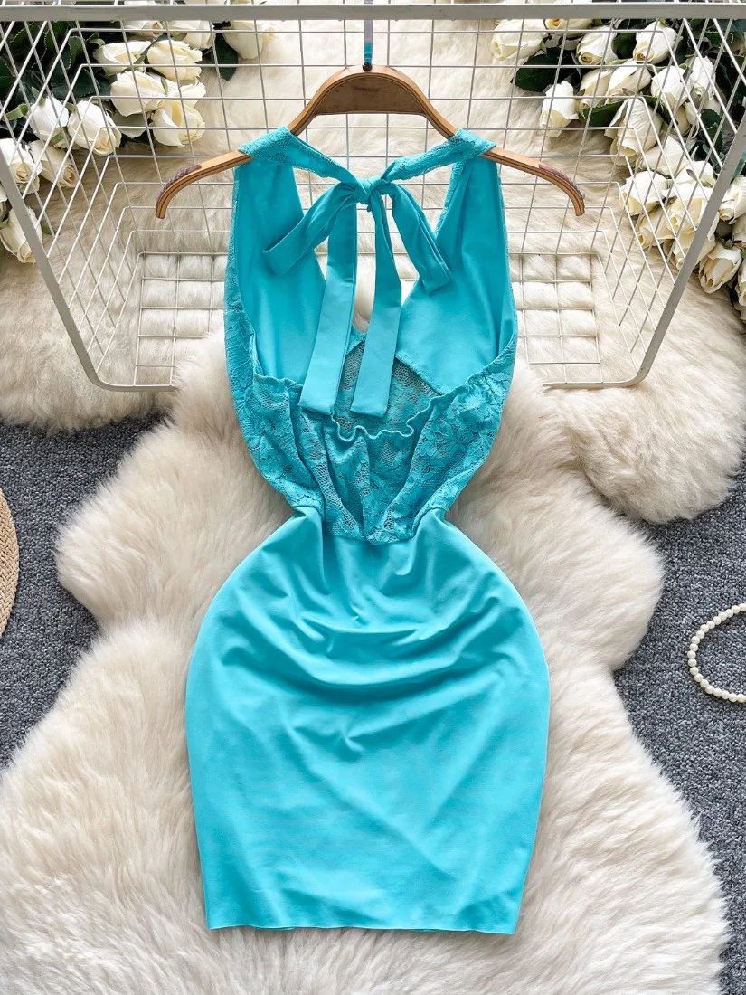 Foamlina Sexy Hollow Out Floral Lace Patchwork Dress Women Fashion Summer Lace-up Halter Sleeveless Backless Mini Bodycon Dress