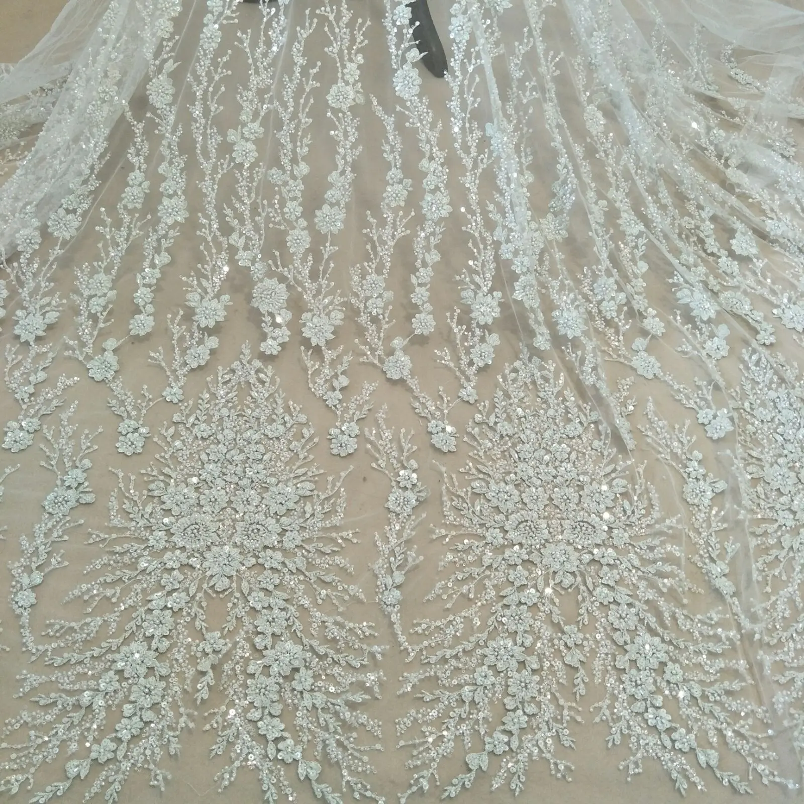 fashion silver beading lace fabric 130cm width dress lace fabric sequins lace fabric sell by yard