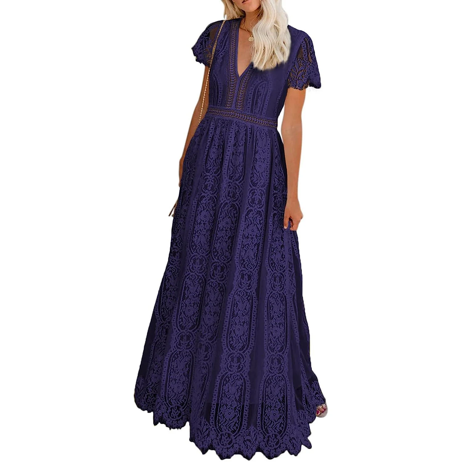 Women's V Neck Floral Lace Wedding Dress Short Sleeve Bridesmaid Evening Party Maxi Dress