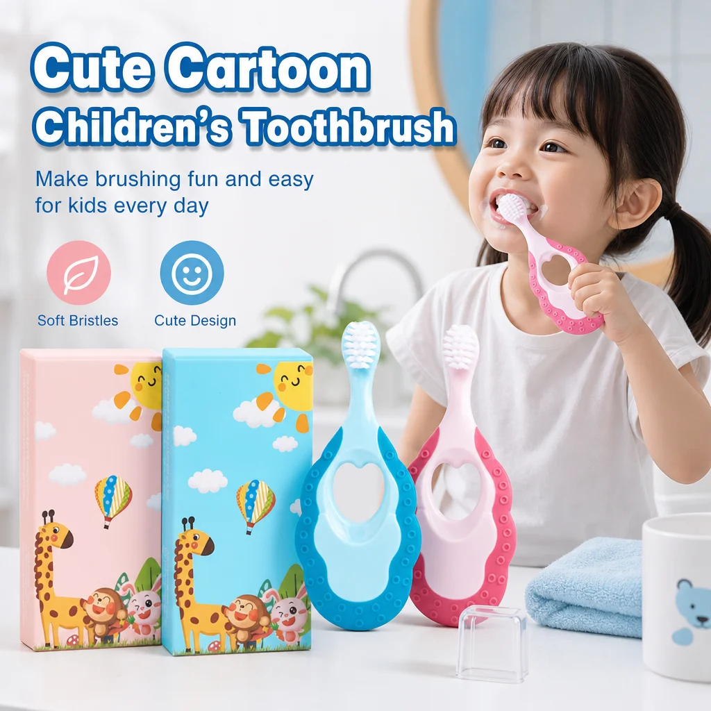 2-pack of soft-bristled baby toothbrushes, with protective caps and dual-color non-slip handles for toddler training.