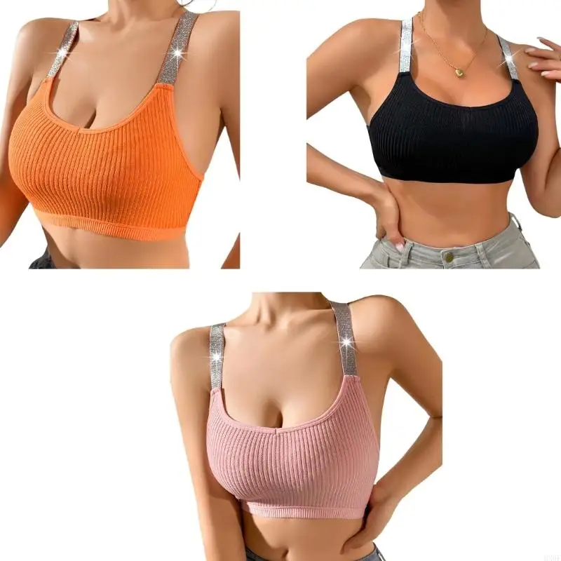 HX6F Women's Shimmering Spaghetti Strap Bra Racerback Crop Tanks Top Ribbed Sport Vest Bralette for Party Club Workout