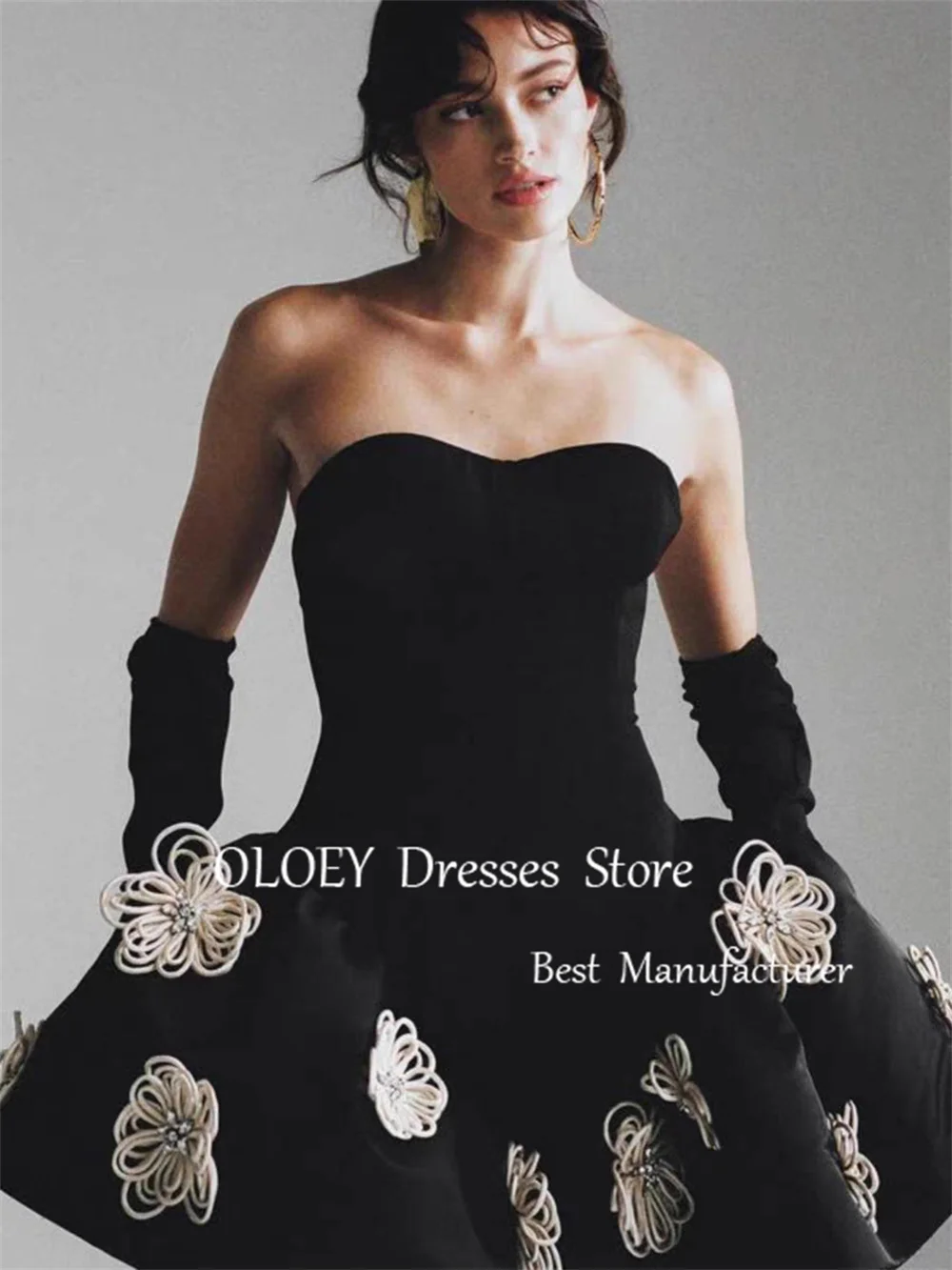 OLOEY 2025 New Black Mini Prom Cocktail Dress With Gloves Sweetheart Short Wedding Party Dress Sleeveless Pleats Custom Made