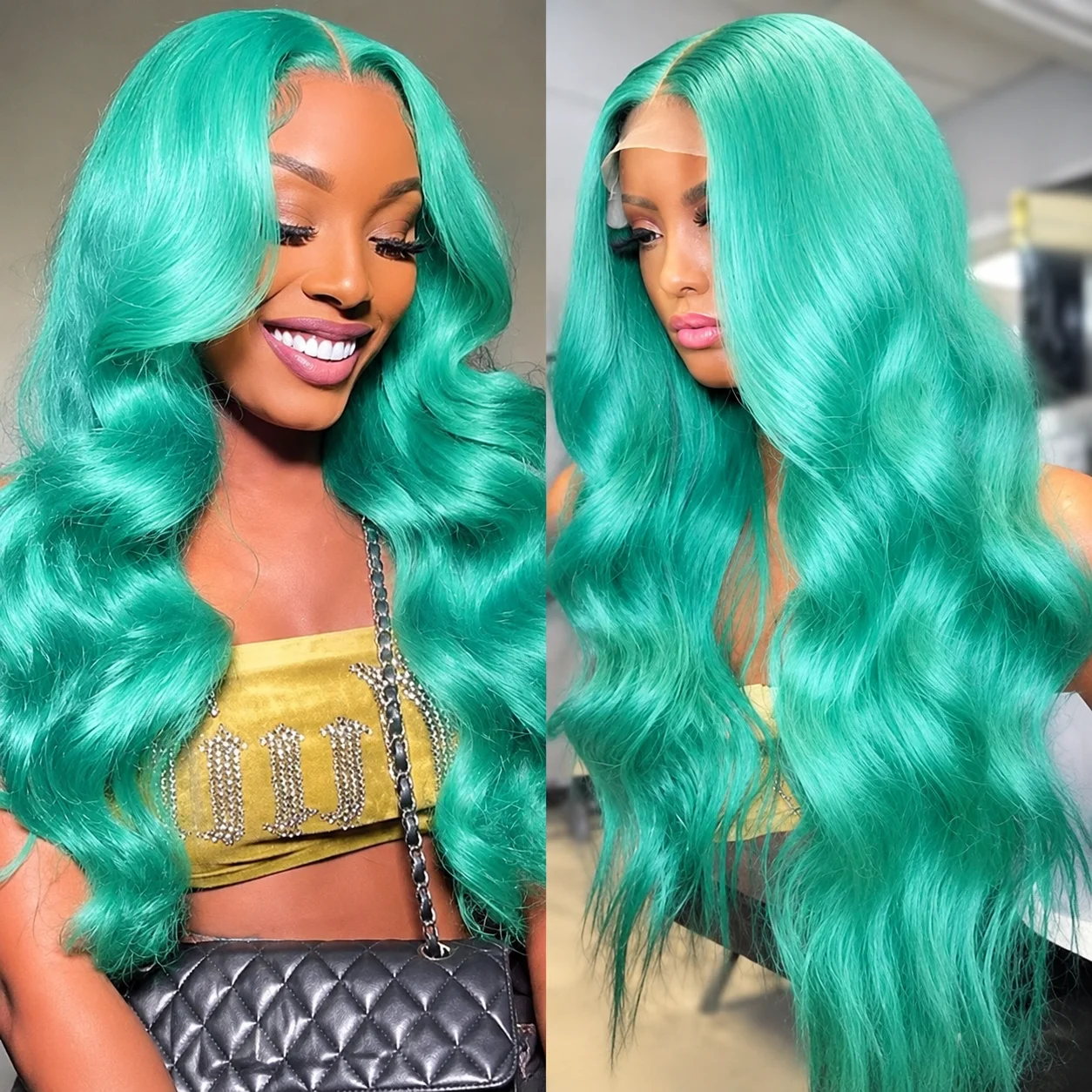 Body Wave Mint Green Human Hair Wigs Brazilian Raw Hair Transparent Hd Lace Frontal Wig 13x6 Aqua Blue Colored Lace Front Wig Human Hair 180 200 220 Density