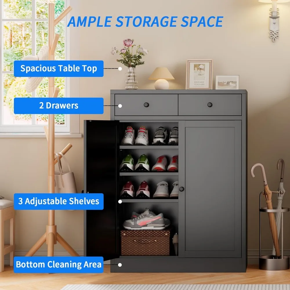 Quality productShoe Storage Cabinet with 3 Doors, Metal Shoe Cabinet with Drawers, Freestanding Shoe Rack with Adjustable Shelve