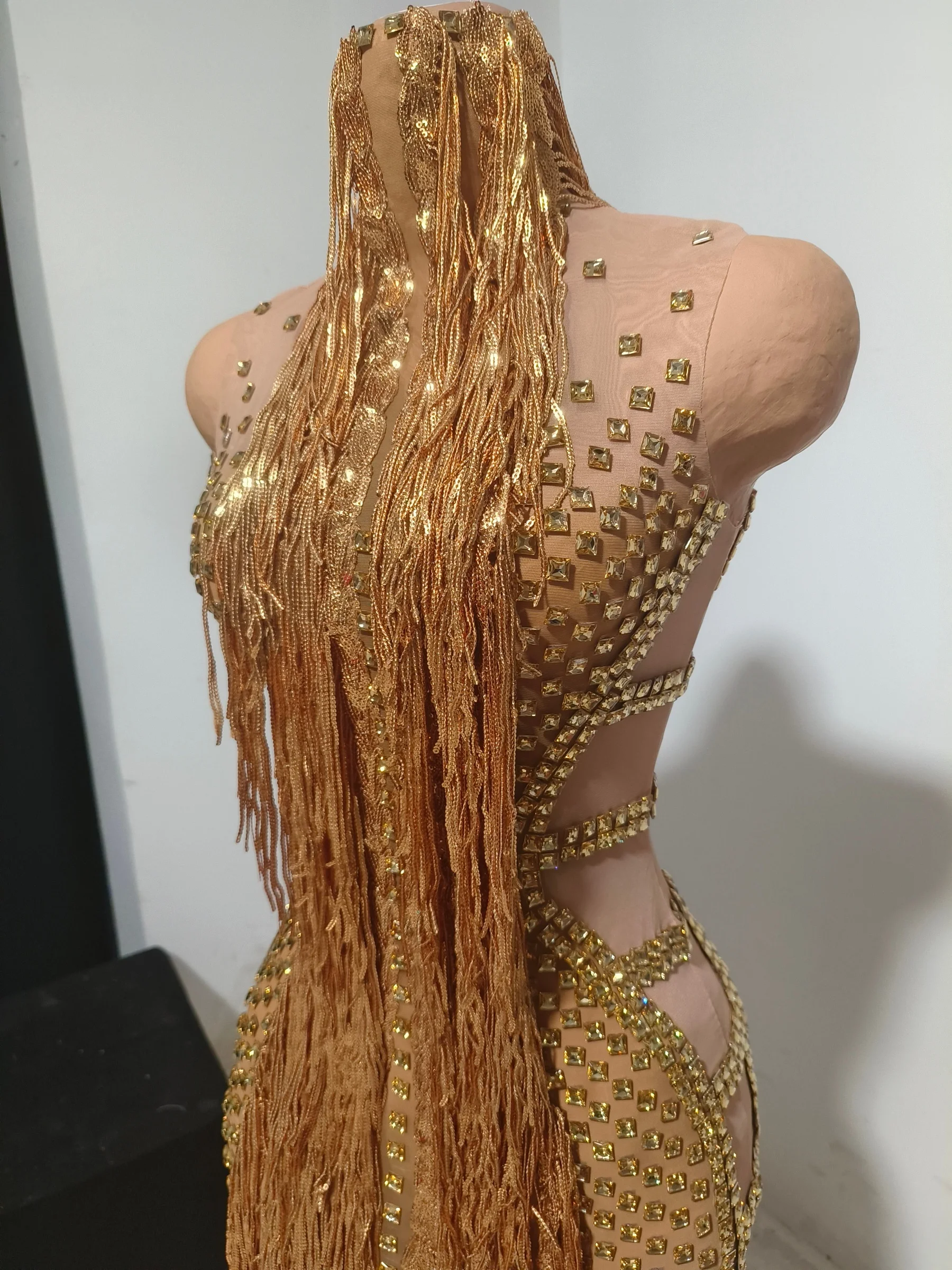 Luxury Gold Sparkly Rhinestone Tassel Sheer Mesh Mini Dress Sexy Sleeveless Party Event Dance Show Tight Fitting Dress Jintiao