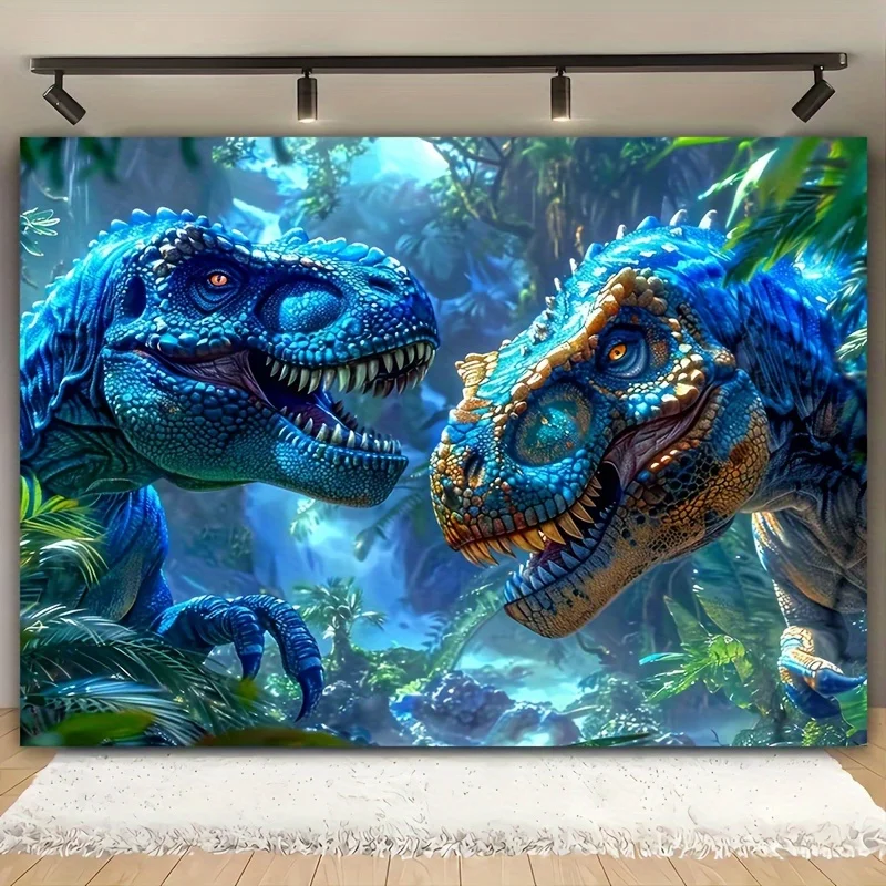 Blue T Rex Dinosaurs Face To Face In Jungle Forest 3D Wall Art Print For Kids Room Decoration Dinosaur Theme