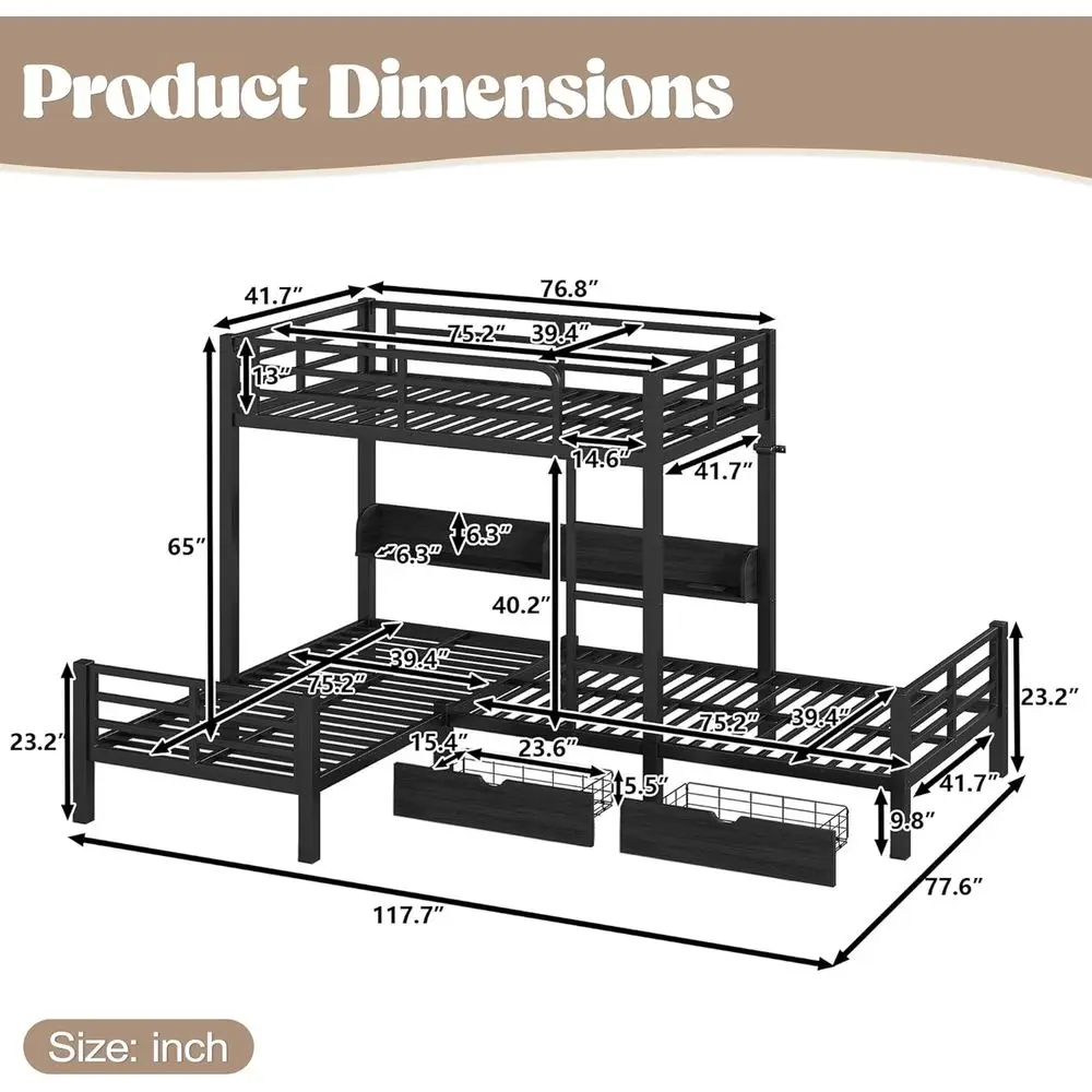 Metal Triple Bunk Bed Twin Over Twin, L Shaped 3 Bunk Beds with Storage Shelves, LED Lights and USB Ports for Kids, Teens, Adult
