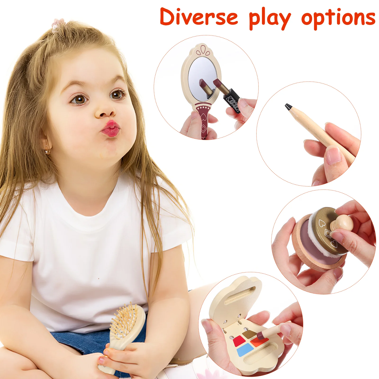 Children's Makeup Set Toy Cosmetics Pretend Toddler Vanity Accessories Toys Dress Kit for Girls Wooden Salon