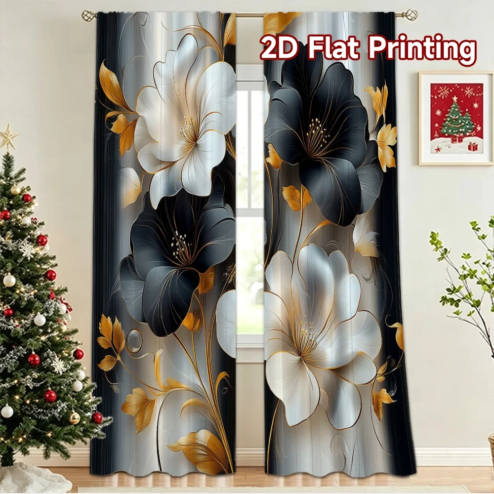 2D flat 2pcs Curtain French Romantic Style Black White Gold Flowers Digitally printed polyester, colorfast Festive Holiday