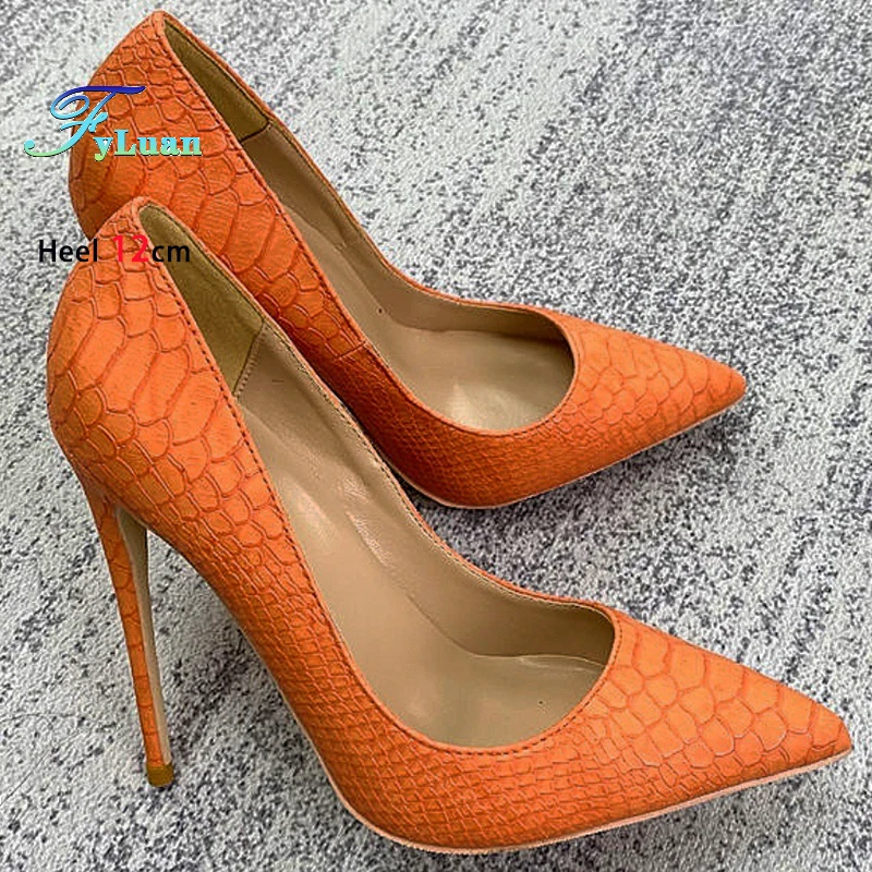 

Designer Sexy Pointed Toe Pumps 2025 New Fashion Snake Skin Orange Women Shoes Plus Size 45 Woman Club Party 8-12CM High Heels