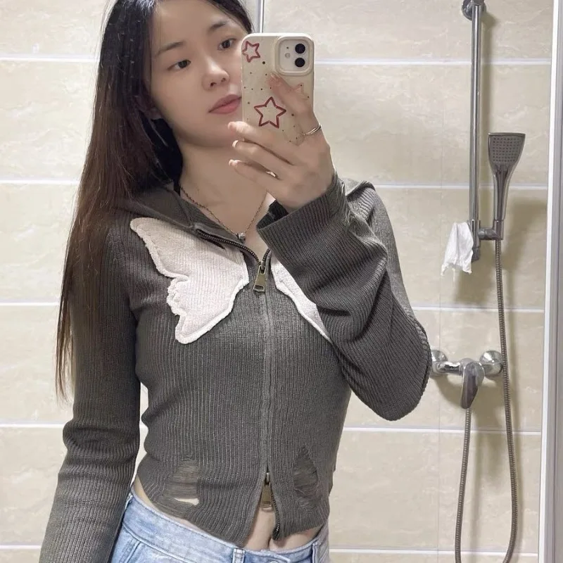 Vintage Embroidery Hooded Knitted Cardigan Women Hole Design Slim Fit Zipper Short Sweater Autumn Y2k Tops