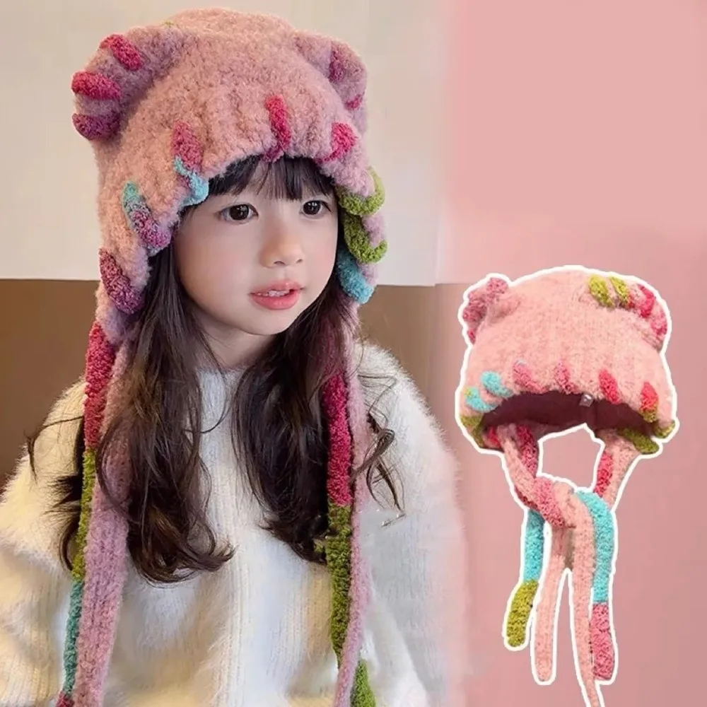 

Lightweight Warm Ear Knitted Fleeces Hat Elastic Adjustables Kid Ear Protection Cap Windproof Tassels Straps Winter Beanie Cap