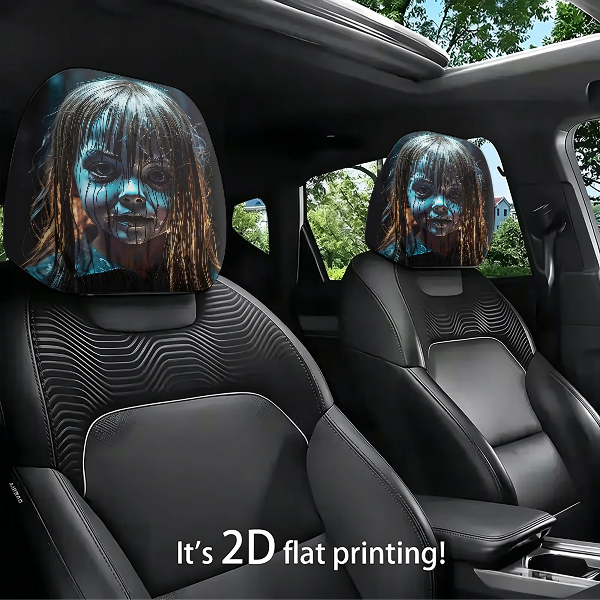 2pcs car headrest covers featuring a spooky girl design, adding a touch of mystery to your car’s interior. Does not include fill